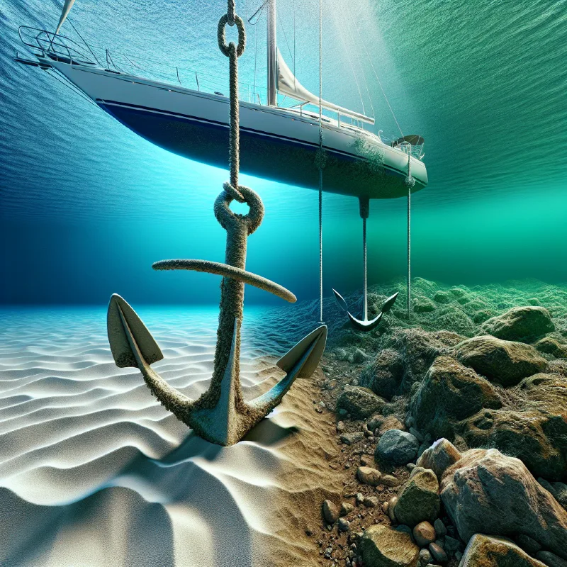 A hyper-realistic nautical scene showing a sailboat anchor deployed in three distinct underwater seabeds side-by-side: sandy bottom with fine grains clutching a fluke anchor, soft muddy seabed with the anchor partially buried showcasing good hold, and rugged rocky seabed with the anchor wedged securely between sharp rocks. Clear turquoise water, sunlight penetrating from above, and detailed textures of seabed materials illustrating the differences in anchoring conditions.