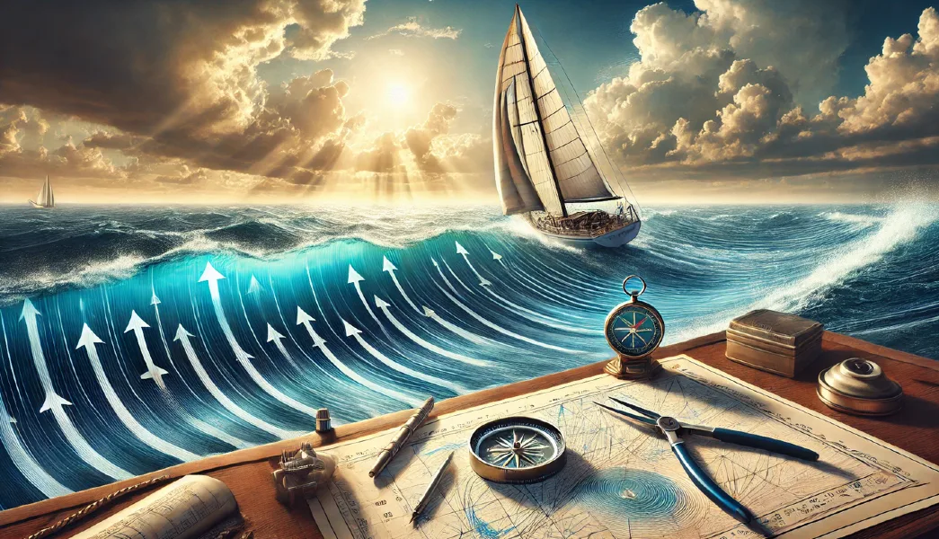 A hyper-realistic nautical scene showing a sailboat on open sea with visible wind arrows illustrating leeway effect pushing the boat sideways, combined with ocean current visualized as directional flowing waters with vector arrows showing set and drift; detailed marine charts, compass and navigational tools visible in the foreground; vivid sky with wind and wave textures; realistic light reflections on water surface
