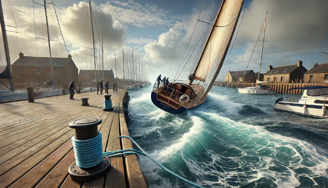A hyper-realistic digital painting of a sailboat approaching a wooden dock in a harbor under strong crosswinds and visible tidal currents. The vessel is shown skillfully maneuvering with visible spray around the hull, crew members handling spring lines prepared to secure the boat, and realistic water texture illustrating current flow. The sky is partly cloudy with dynamic lighting showing the interplay of wind and water. In the background, weathered harbor buildings and mooring buoys are depicted with intricate detail, conveying nautical atmosphere and tension during the maneuver.