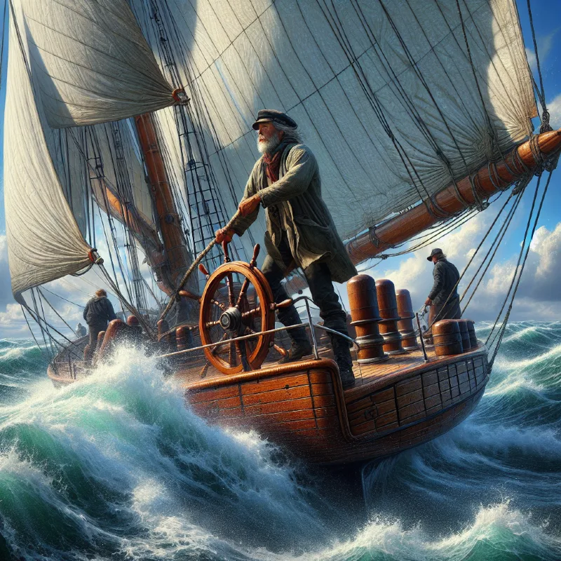 A hyper-realistic, detailed illustration of a sailing vessel navigating in choppy waters under strong side winds, showing the captain adjusting the helm while crew secure fenders on the port side. The sky is partly cloudy with dynamic waves illustrating wind influence. The scene captures tension and control, with realistic water spray, sails angled to counter crosswind, and vibrant marine colors to emphasize movement and seamanship.