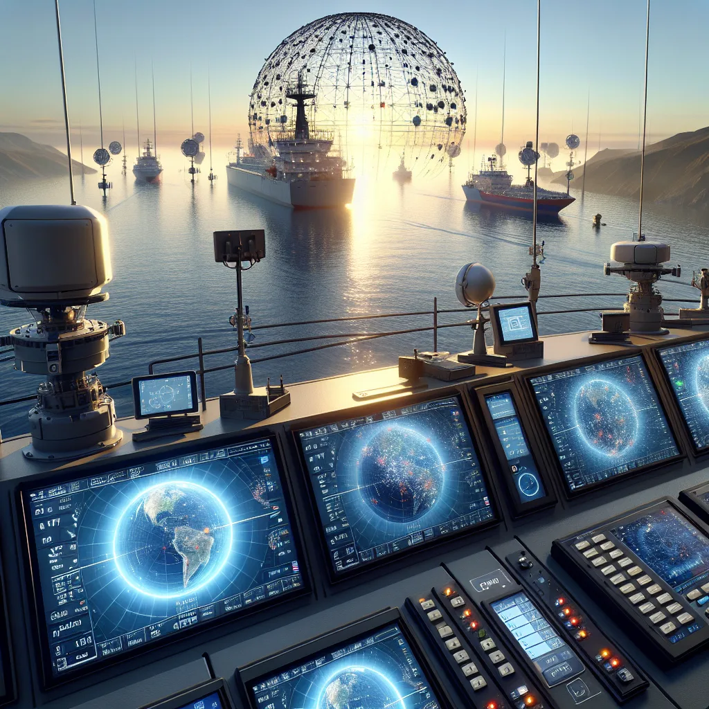 Hyper-realistic maritime scene showing a modern vessel bridge equipped with multiple GNSS receivers displaying real-time position data on ECDIS screens, with satellite constellations visible in the sky including GPS, GLONASS, and Galileo satellites, under a clear coastal environment with calm seas and the sun setting on the horizon.