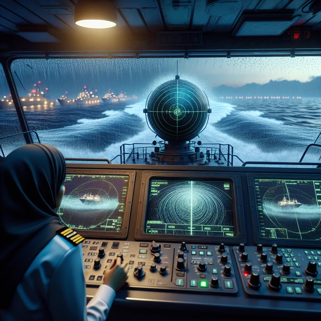 Hyper-realistic maritime bridge scene during night operation, showing an advanced radar display screen with multiple echoes clearly visible. The sea clutter filter is applied, highlighting a clear, distinct radar echo of a nearby vessel against a dark turbulent sea surface. Rain droplets streak against the radar scanner dome, illuminated by deck lighting, emphasizing the complexity of clutter suppression. The bridge equipment includes radar control panels with gain and clutter adjustment knobs being manipulated by a focused officer, set against the backdrop of a calm but slightly windy ocean with scattered rain showers.