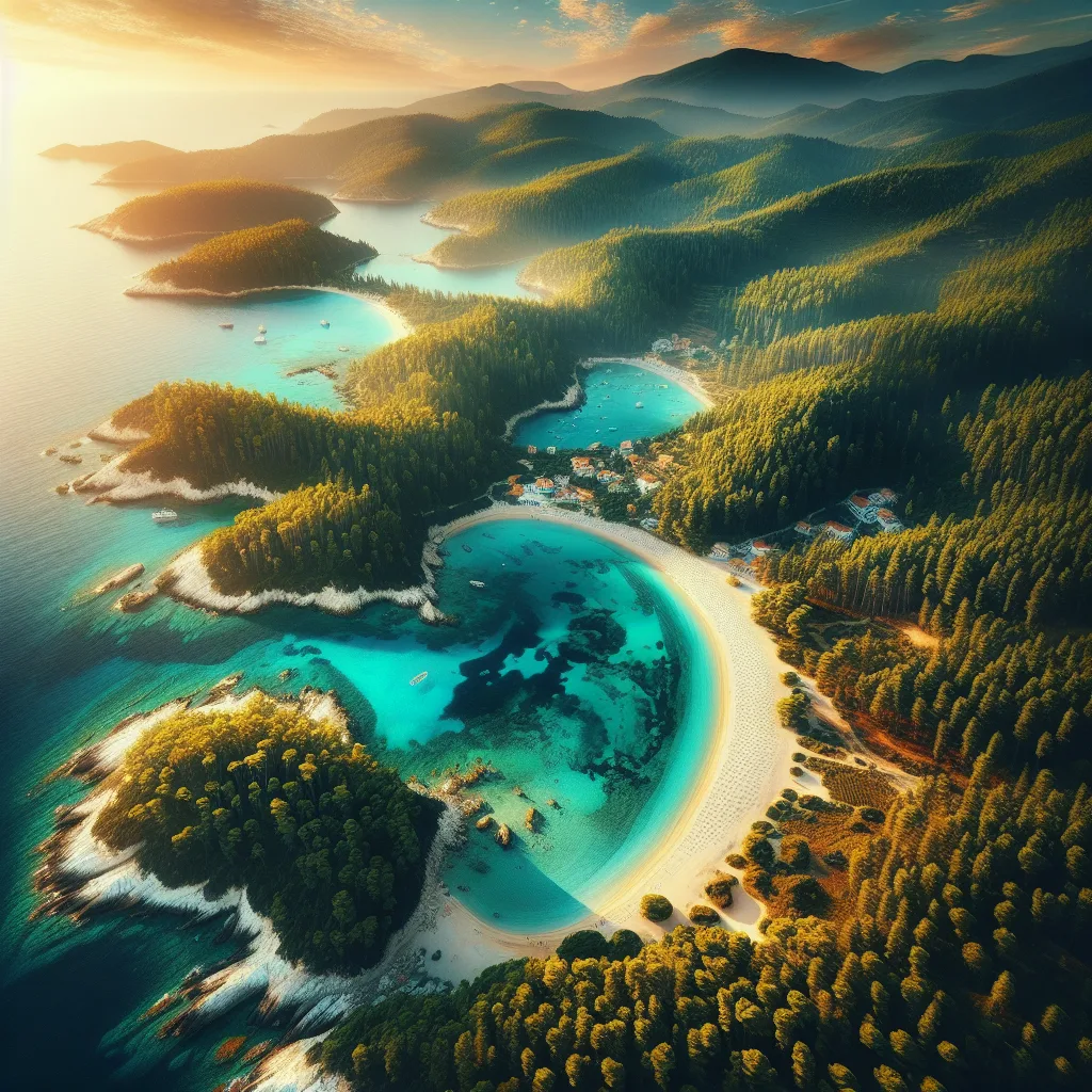 Hyper-realistic cinematic ultra-detailed landscape of Skiathos island, showcasing its lush pine forests, crystal-clear sandy beaches like Koukounaries and Lalaria coves with white cliffs, under golden hour summer daylight, capturing vibrant turquoise waters and picturesque villages nestled on hillsides.
