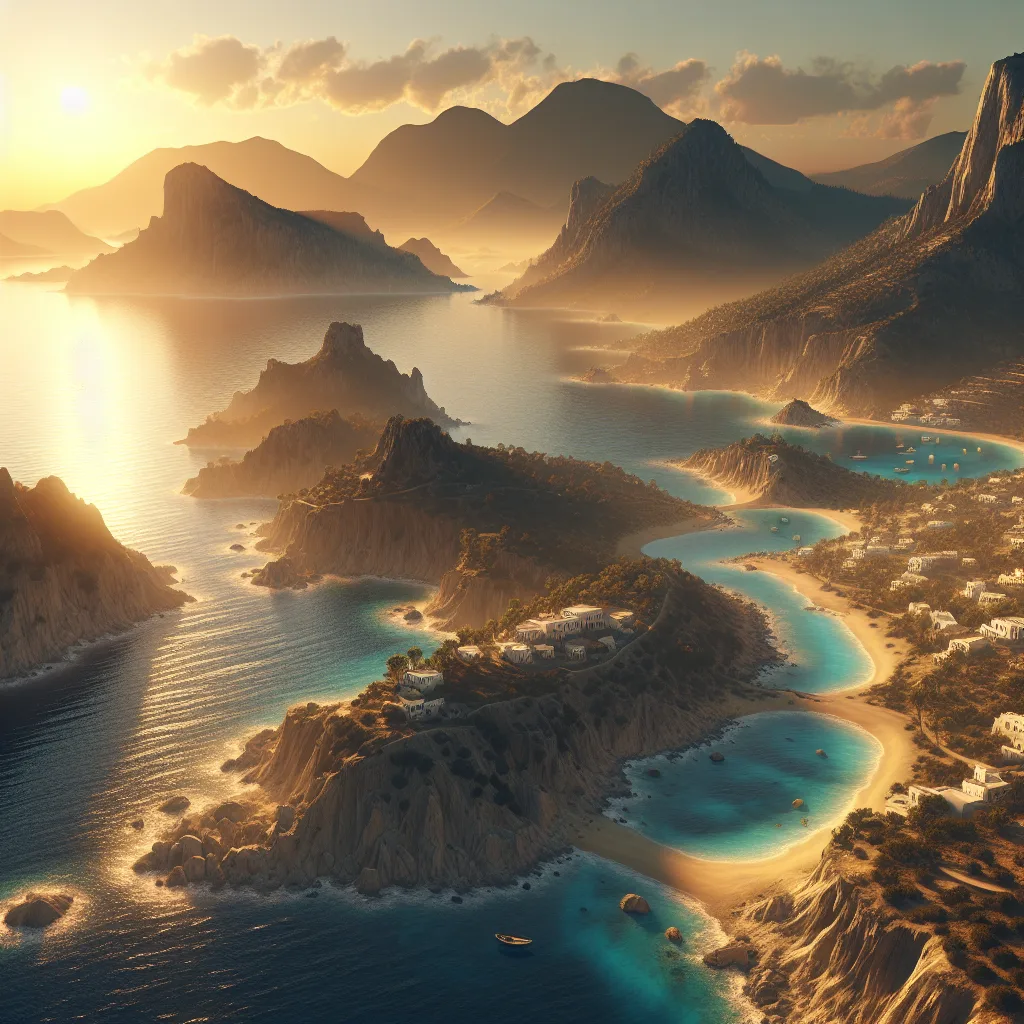 Hipper-realistic cinematic ultra-detailed depiction of Karpathos island during golden hour lighting, showcasing rugged cliffs descending into turquoise sandy beaches and hidden coves, with traditional whitewashed villages perched on hillsides overlooking the sparkling Aegean Sea, emphasizing the island's authentic, untouched natural beauty and dramatic landscape.