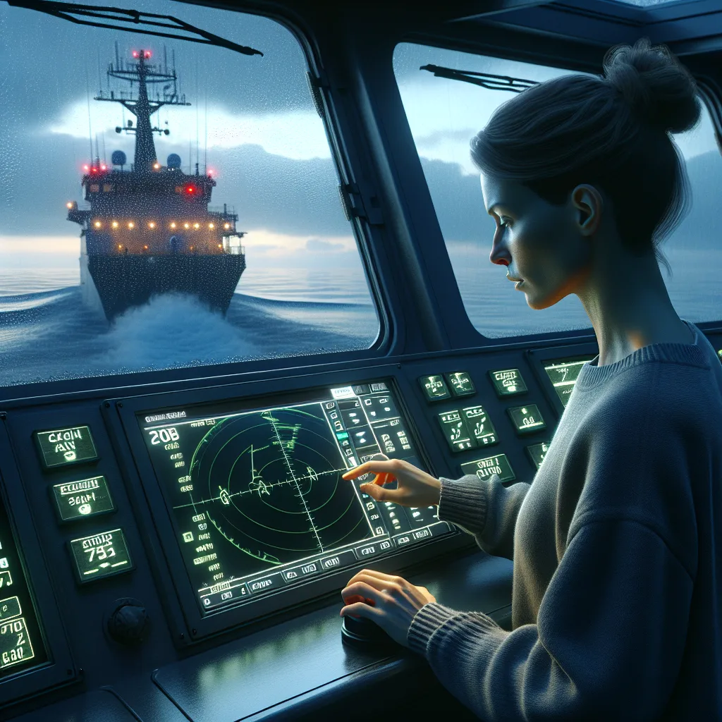 Hyper-realistic maritime bridge scene at dusk showing a professional navigator adjusting radar settings on a modern multifunction display. The radar screen depicts optimized gain with minimal sea clutter reflections amidst a slightly rough sea and light rain, viewed through a ship's wheelhouse window. Outside, navigation lights and a distant ship silhouette are visible under cloudy skies, emphasizing the technical precision required for radar tuning in challenging weather.