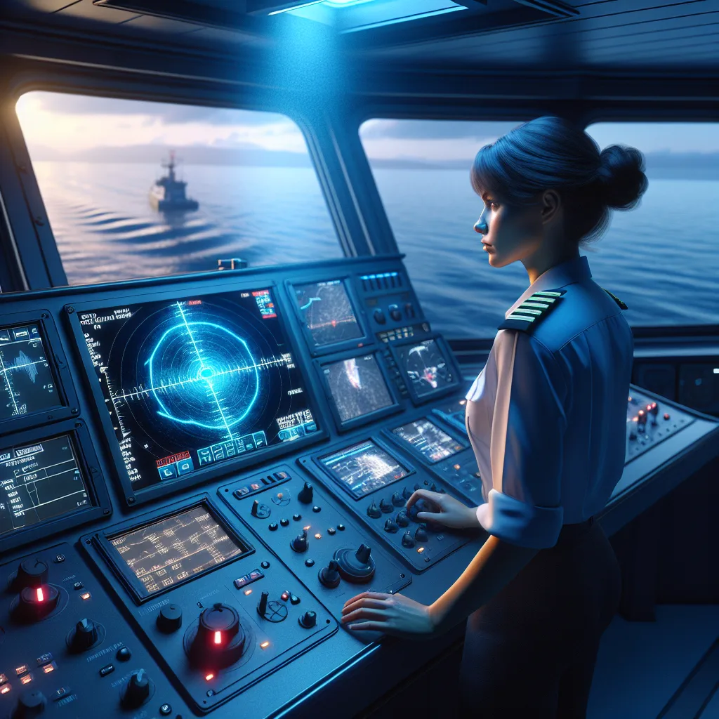 A hyper-realistic maritime bridge scene at twilight, featuring a professional mariner adjusting the radar display on a modern ship's console. The radar screen vividly shows target echoes with sea clutter suppression activated, alongside digital controls for gain and rain clutter optimization. Through the bridge window, a calm, slightly wavy sea with light rain highlights the challenges of radar interpretation. The ship's bridge integrates advanced navigation electronics, ambient blue lighting illuminating physical controls and instruments with detailed reflections on polished surfaces, capturing a highly technical and realistic maritime environment.