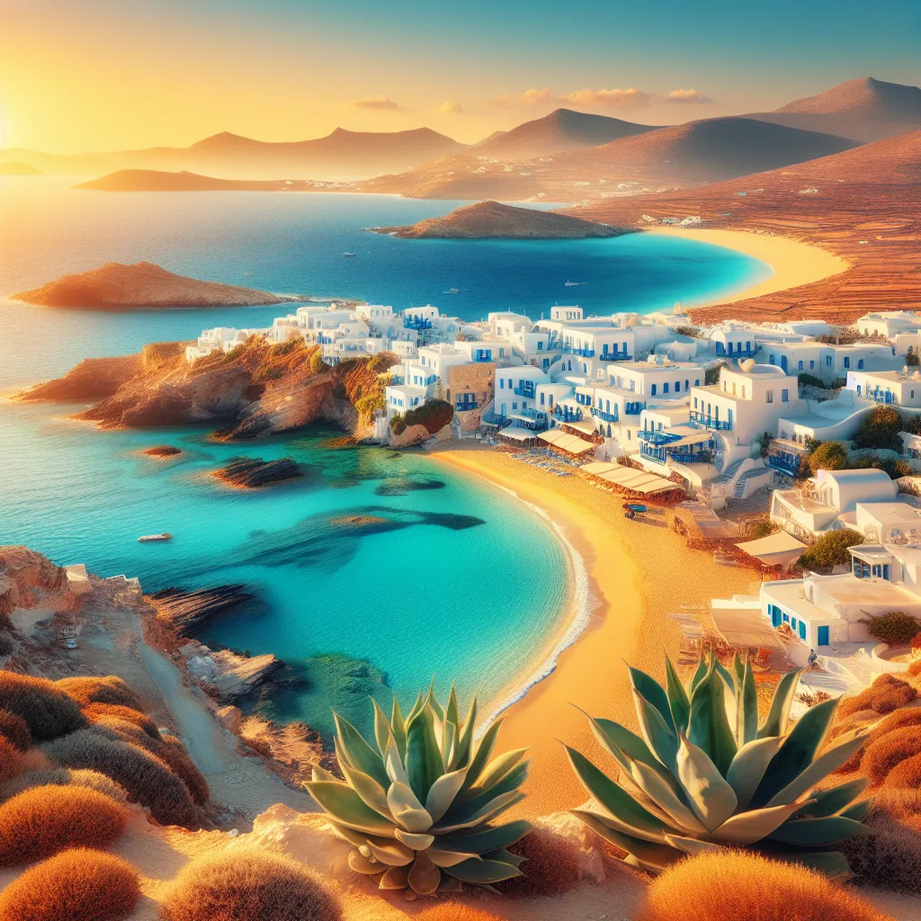 Hyper-realistic cinematic ultra-detailed landscape of Antiparos island in the Cyclades during golden hour summer daylight, showcasing whitewashed village houses with blue accents on cliffs overlooking crystal-clear sandy beaches and coves, surrounded by sparkling turquoise Aegean Sea and natural rocky cliffs with lush greenery.