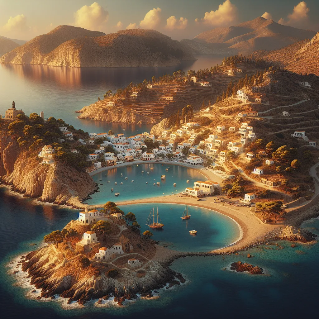 Hyper-realistic cinematic ultra-detailed golden hour view of Kasos island in the Dodecanese, showcasing its rugged cliffs, sandy coves, traditional whitewashed villages with terracotta roofs nestled on rolling hills, and calm azure sea waters gently lapping the shore. The scene captures an untouched natural landscape combining wild pine forests and rocky terrain with picturesque harbor and winding narrow pathways under soft summer daylight.