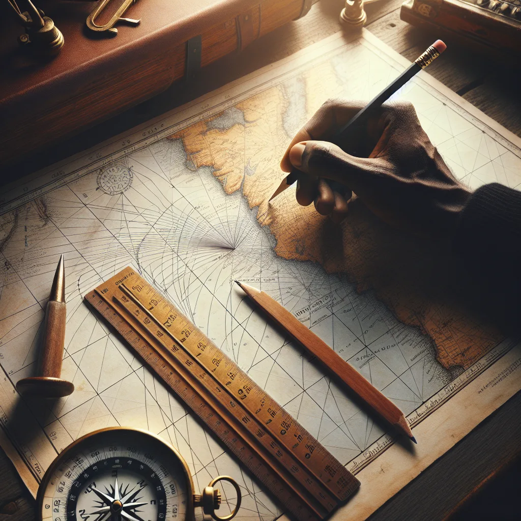 A hyper-realistic illustration of a traditional nautical paper chart spread open on a wooden navigation table, with a set of parallel rulers carefully placed over the chart, a pencil marking a course line between two coastal points, next to a classic magnetic compass and a captain's hand pointing to the plotted route under warm natural daylight inside a ship's cabin.