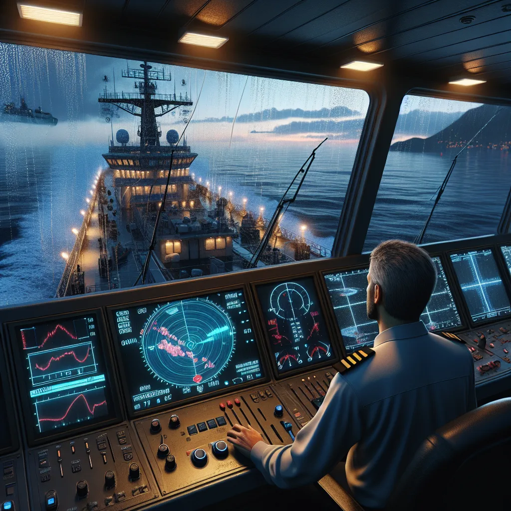 Hyper-realistic maritime radar console on a ship bridge during twilight, displaying a clear radar screen with optimally tuned gain settings, sea clutter and rain clutter filters in operation. The scene includes visible ocean waves with moderate sea clutter effect on the radar, faint rain falling causing minimal rain clutter, navigation instruments illuminated softly, and a captain attentively adjusting radar controls, showcasing advanced radar tuning techniques in a realistic maritime environment.