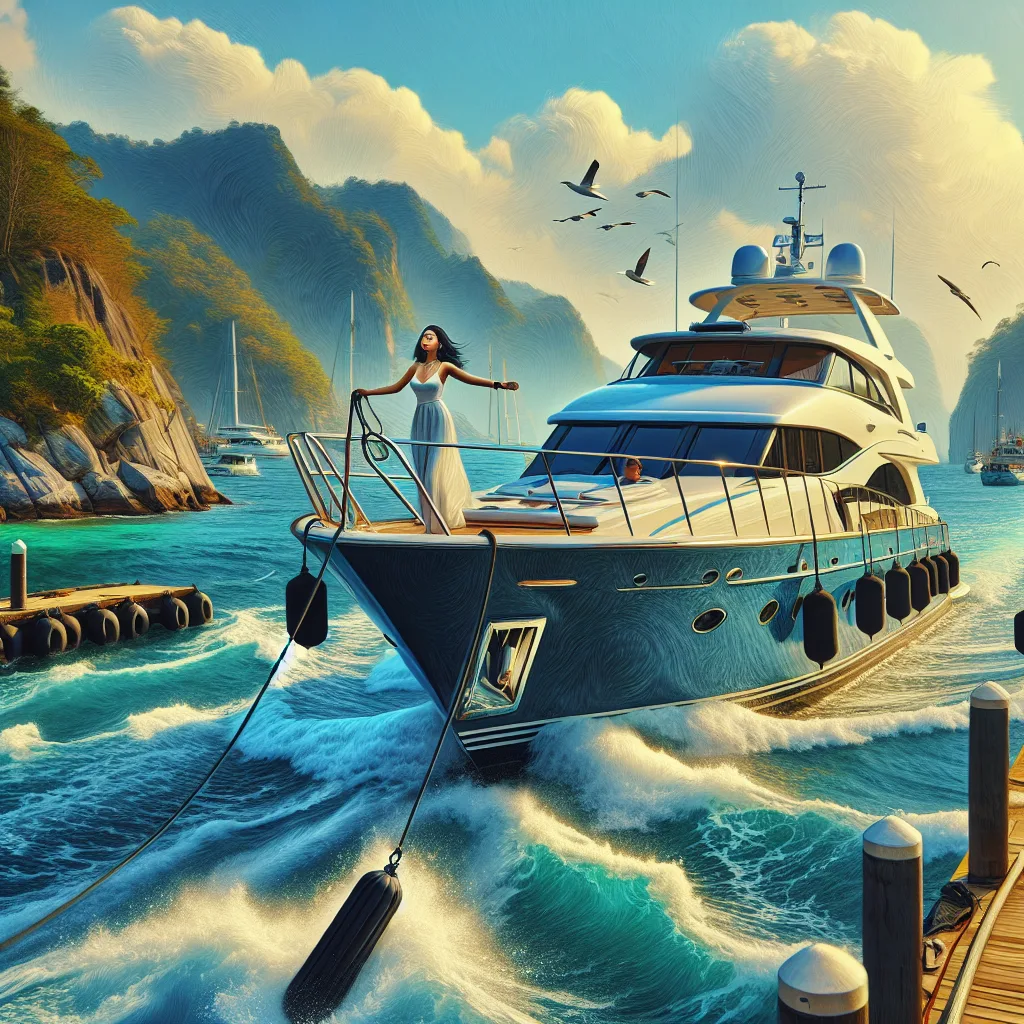 A hyper-realistic depiction of a motor yacht approaching a marina under a clear sky with visible side wind blowing whitecaps on the water surface, cross currents visibly swirling near the dock, with a skilled captain adjusting the steering wheel and throttle, crew on deck handling mooring lines, and fenders rigged along the hull, vibrant coastal environment in late afternoon light