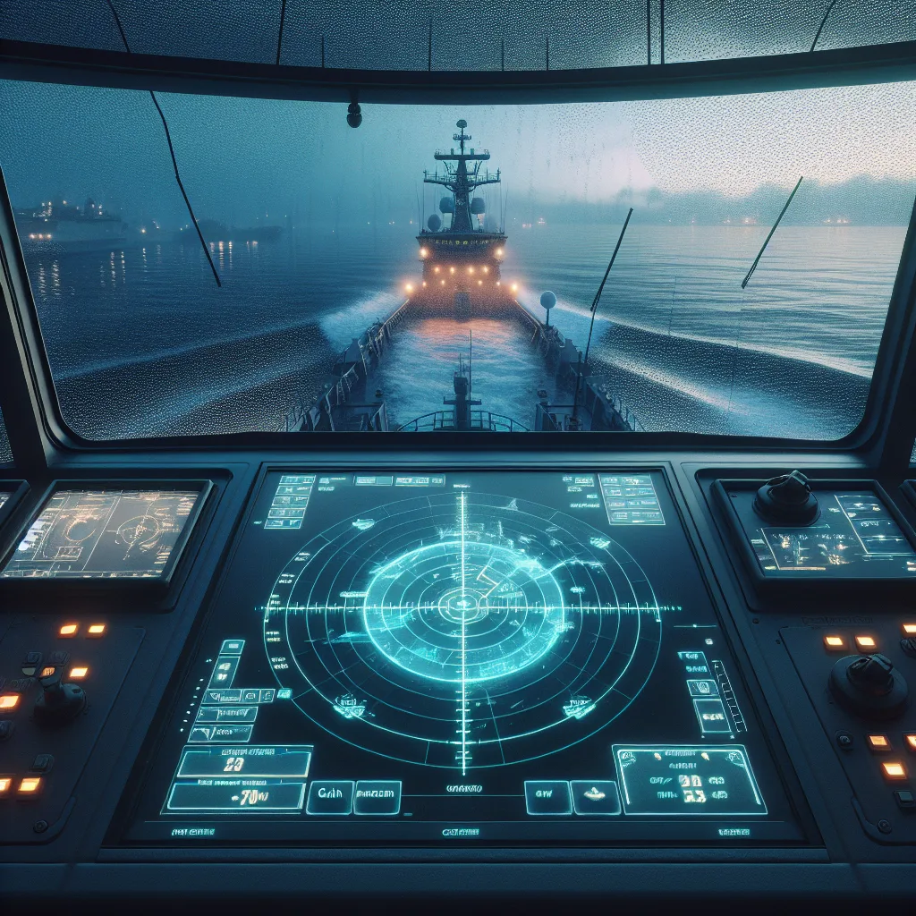 Hyper-realistic maritime scene showing the bridge of a modern vessel at dusk with an active radar display prominently in view, illustrating a clear and optimized radar screen with discernible targets, calm sea with slight waves generating sea clutter, light rain visible outside the windows causing rain clutter effect on the screen, and the radar console knobs and settings including gain and clutter controls clearly detailed and glowing softly under bridge lighting.