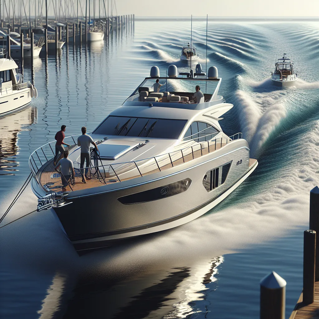 Hyper-realistic nautical scene showing a motor yacht approaching a dock under strong crosswinds and visible side current, with the vessel slightly angled to compensate, waves gently pushing alongside, crew on deck adjusting mooring lines, high-detail textures of water reflections and marine equipment under clear daylight sky