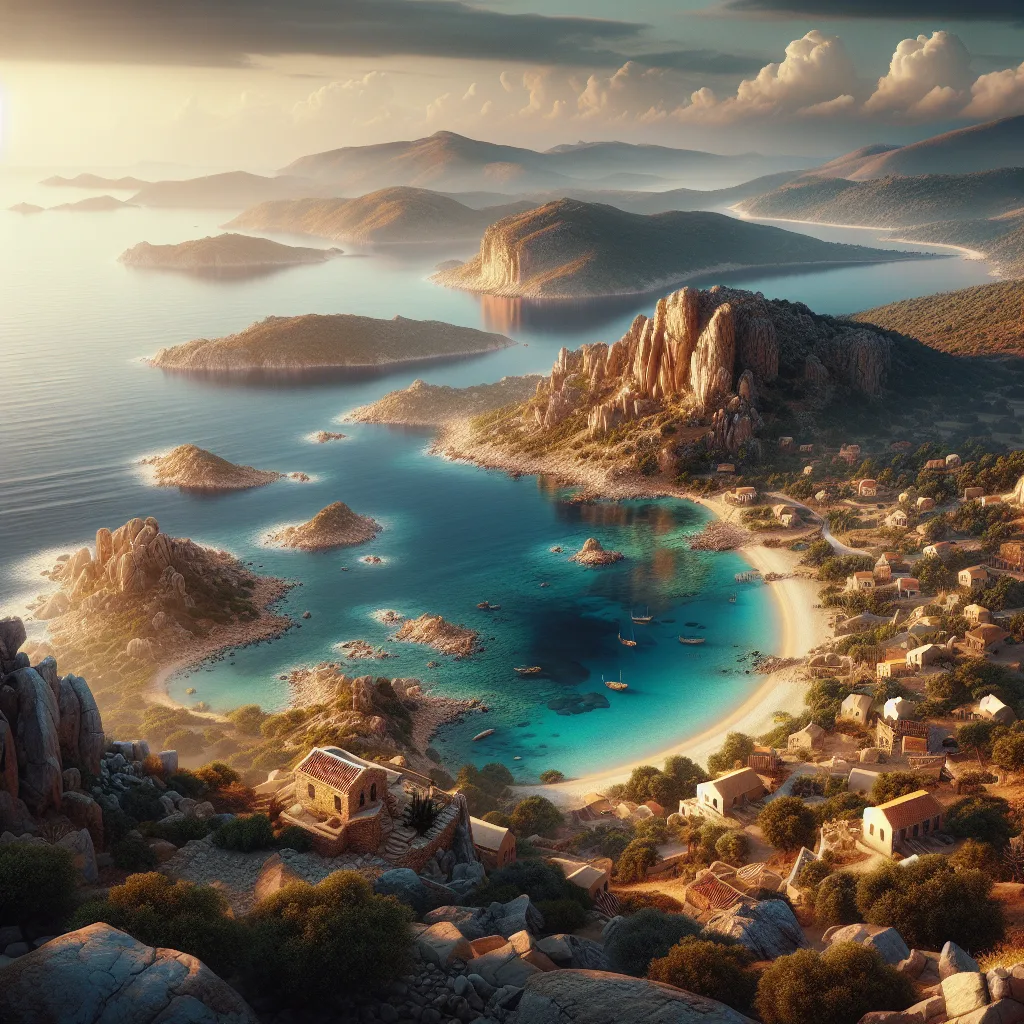 Hyper-realistic cinematic view of Skyros island showcasing rugged cliffs, serene sandy beaches, and traditional stone-built villages under warm golden hour lighting. Ultra-detailed landscape drawing attention to the unique Aegean character with lush greenery meeting crystal-clear turquoise waters along secluded coves, highlighting the island’s authentic charm and rustic beauty.