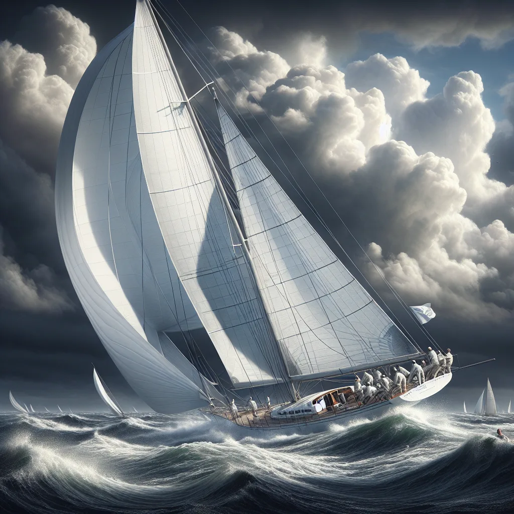 A hyper-realistic scene of a sailboat navigating in moderate windy conditions on open sea, showing white sails fully adjusted, visible ripples and small waves created by wind, crew members actively steering and adjusting ropes, with a dynamic cloudy sky indicating wind direction, emphasizing the interaction between vessel and natural elements.