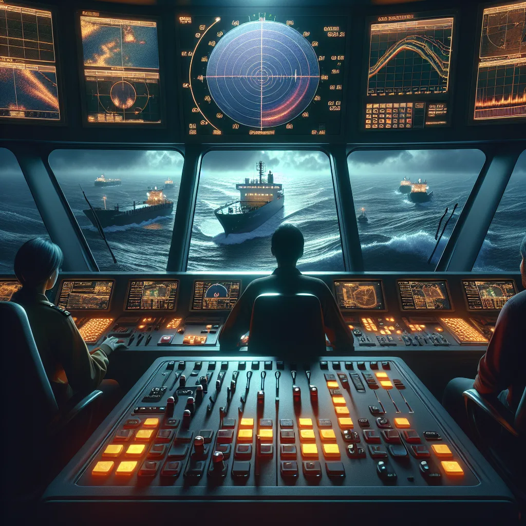 Hyper-realistic maritime bridge scene during nighttime navigation with a close-up view of a radar display screen showing clear differentiation between sea clutter near the vessel and rain clutter farther away. The radar console glows softly with adjustable controls for gain, sea clutter rejection, and rain clutter suppression visible. Outside the large bridge windows, turbulent waves reflect dim ship lights under overcast skies, emphasizing challenging sea states typical for radar operation. The crew members are diligently monitoring the radar with focus, demonstrating advanced navigational practices.