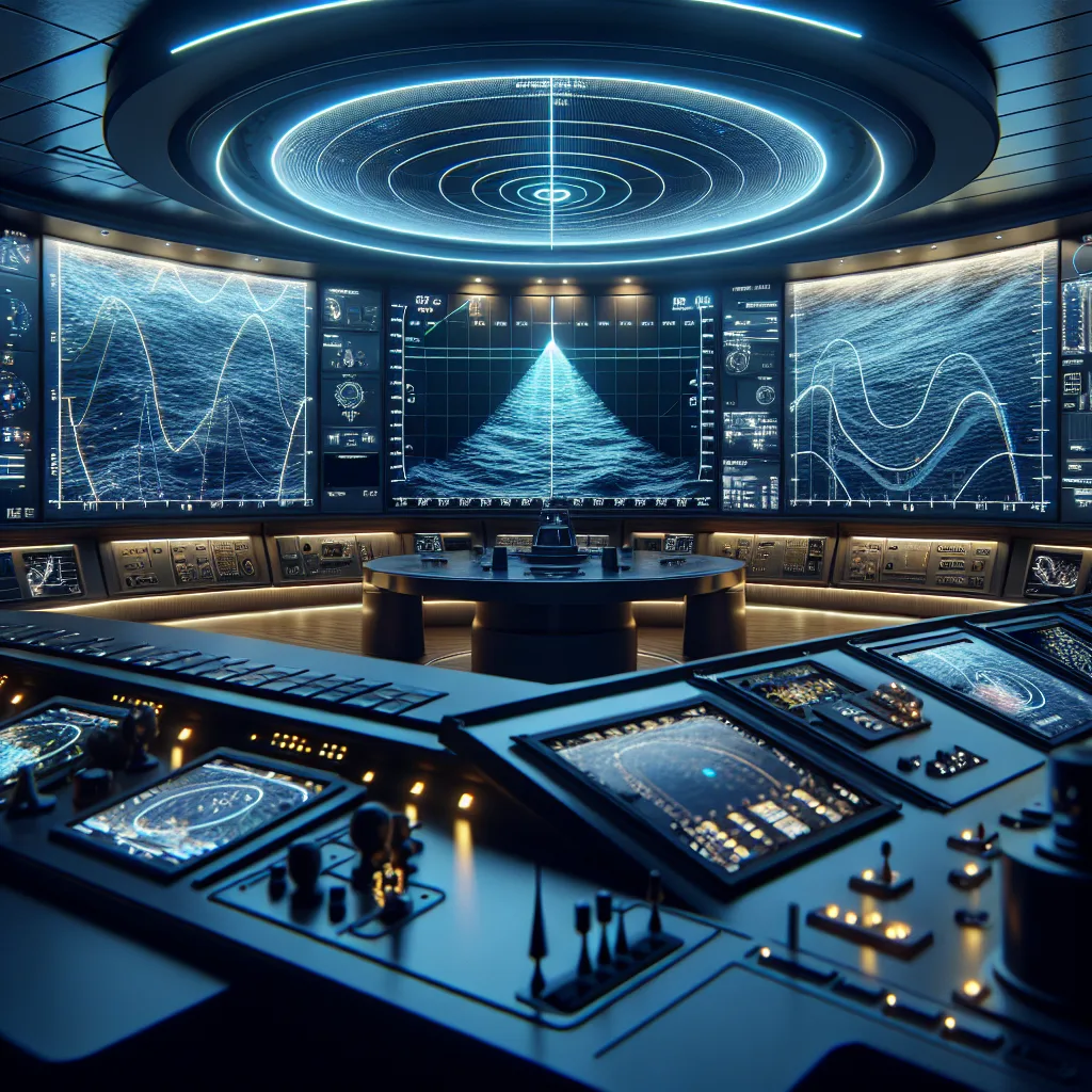A hyper-realistic maritime radar display on a modern vessel's bridge at night, with a clear digital radar screen showing optimized gain settings, minimal sea clutter reflections, and filtered rain clutter amidst light rain conditions, highlighting wave patterns and multiple detected targets, with realistic reflections of the sea and bridge instruments visible in the background under soft LED lighting.
