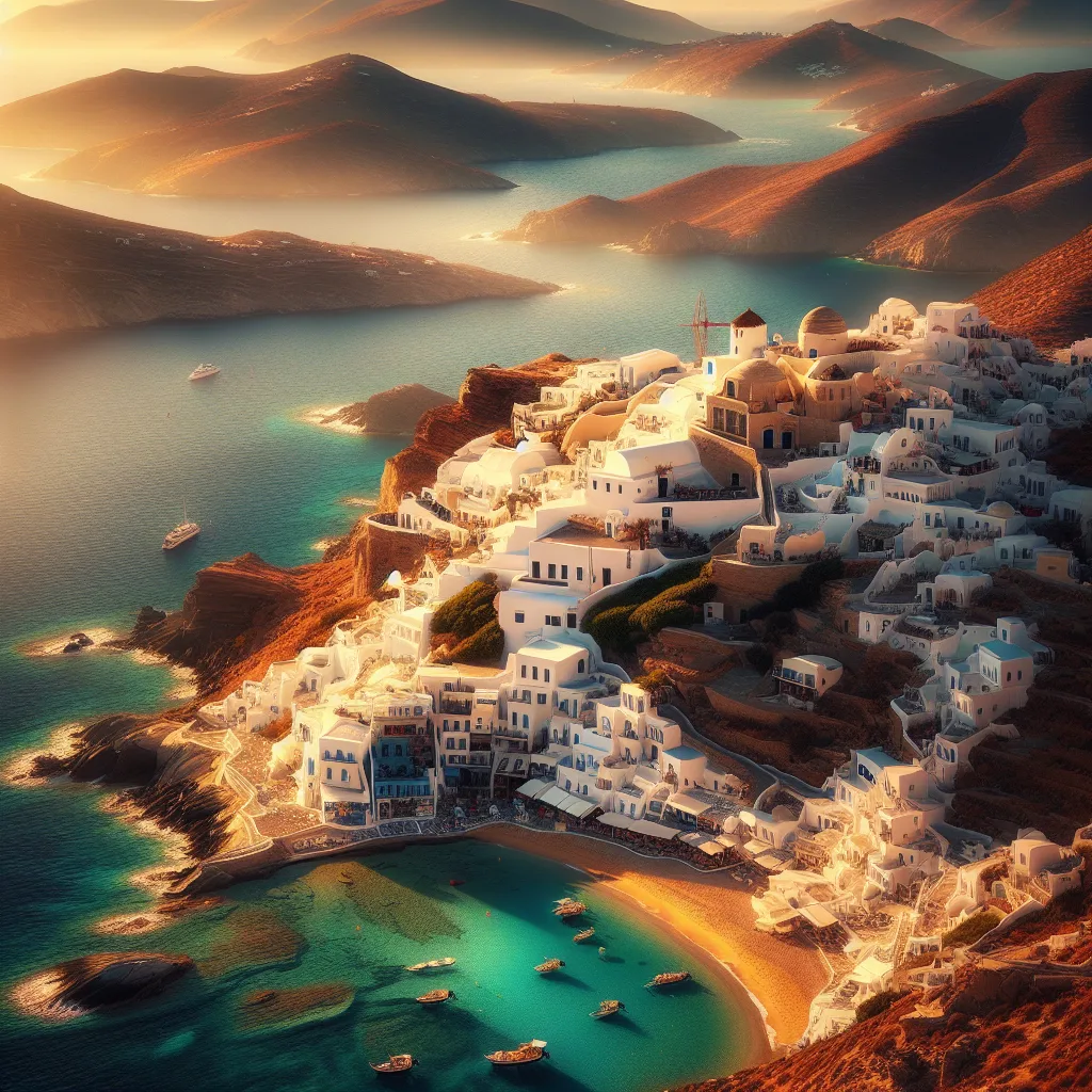 Hyper-realistic, cinematic, ultra-detailed depiction of the Greek island of Ios during golden hour sunlight, featuring the iconic whitewashed villages perched on cliffs overlooking turquoise Aegean Sea sandy beaches and secluded coves, with traditional Cycladic architecture contrasted by vibrant greenery and crystal-clear waters, capturing the island's unique blend of lively atmosphere and tranquil nature.