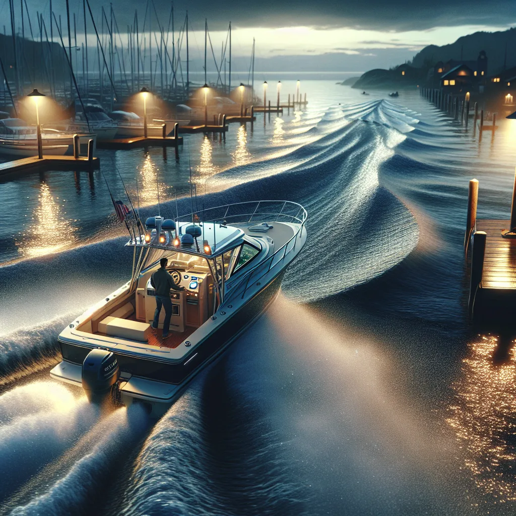 A hyper-realistic nautical scene showing a motorboat approaching a well-lit dock in a small harbor at dusk, with the boat tilted slightly to counteract strong crosswind and visible side current flowing parallel to the dock. The water is slightly choppy, reflections of navigation lights shimmer on the surface, and the crew is carefully maneuvering using the helm. The background shows mooring lines ready and a lighthouse casting focused beams, illustrating precise seamanship under challenging conditions.