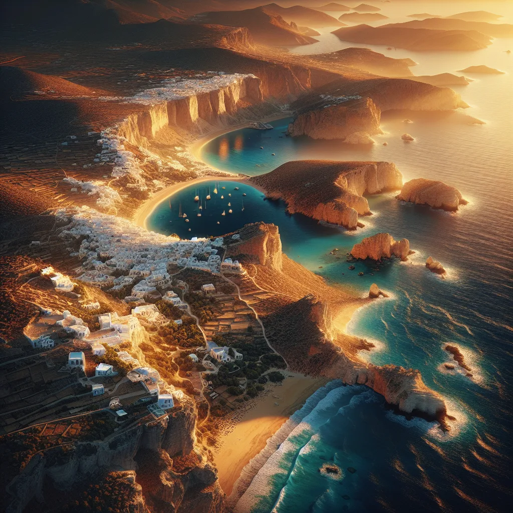 Ultra-detailed hyper-realistic cinematic golden hour aerial view of Antiparos island in the Cyclades, featuring cliffs, sparkling sandy beaches and secluded coves, with quaint whitewashed villages and narrow alleys bathed in warm sunlight, Mediterranean vegetation and crystal-clear turquoise waters surrounding the landscape.