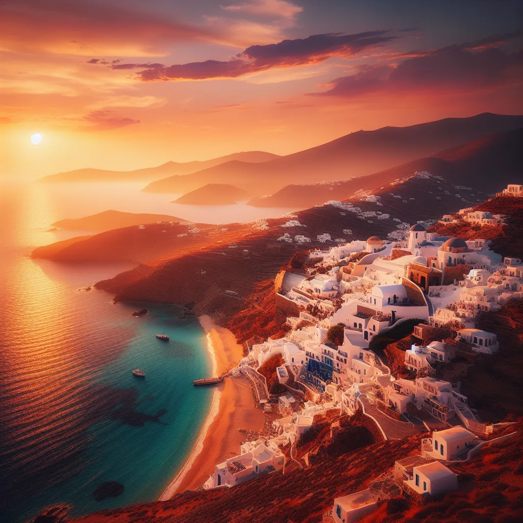 Hyper-realistic cinematic ultra-detailed depiction of Ios island in the Cyclades during golden hour with crystal-clear sandy beaches, whitewashed villages perched on cliffs, deep blue Aegean Sea coves, and a spectacular sunset casting warm orange and pink hues over traditional Cycladic architecture.