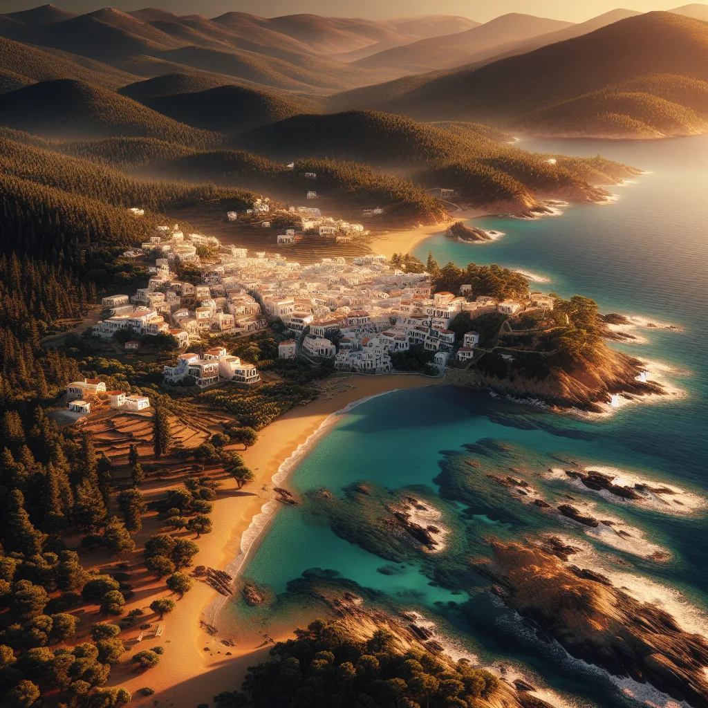 Σκύρος, ελληνικό νησί στο Βόρειο Αιγαίο, με παραδοσιακά λευκά χωριά χτισμένα σε βραχώδεις πλαγιές, καταπράσινα πευκοδάση και απομονωμένες παραλίες με χρυσαφένια άμμο και κρυστάλλινα γαλάζια νερά κατά τη χρυσή ώρα της ημέρας, σε υπερρεαλιστικό και κινηματογραφικό στυλ, εξαιρετικά λεπτομερές