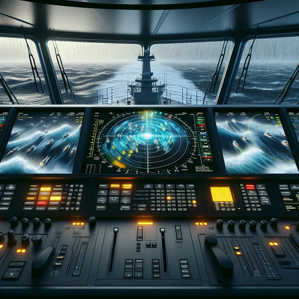 Hyper-realistic maritime radar scene on the bridge of a modern vessel, showing a brightly lit radar screen with optimized gain settings that clearly distinguish multiple vessel echoes from sea clutter and rain clutter. The exterior view reveals a rough sea with visible waves and rainfall under low visibility conditions, emphasizing the technical challenge. The bridge instrumentation is detailed, with radar controls and settings visible, highlighting the complexity of naval radar tuning in advanced navigation.