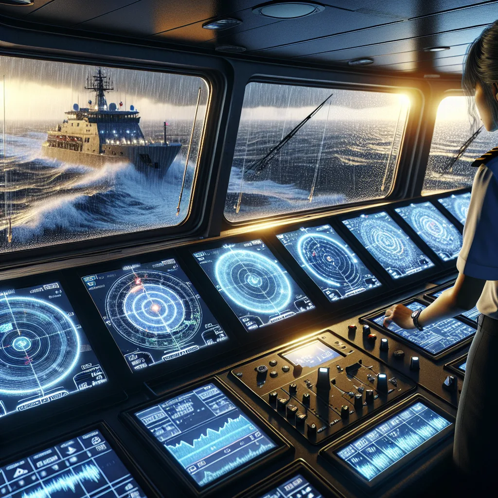 A hyper-realistic maritime bridge scene at dusk showing a modern ship's radar display with clear concentric circles and bright target echoes amidst sea and rain clutter visualizations. The ship's radar console is illuminated with digital touchscreens, and the background through the windows reveals rough seas with rain showers, waves scattering radar beams, and the horizon barely visible under heavy clouds. The scene includes a focused officer adjusting radar gain and clutter controls on the console, emphasizing technical precision and operational complexity in real navigation conditions.