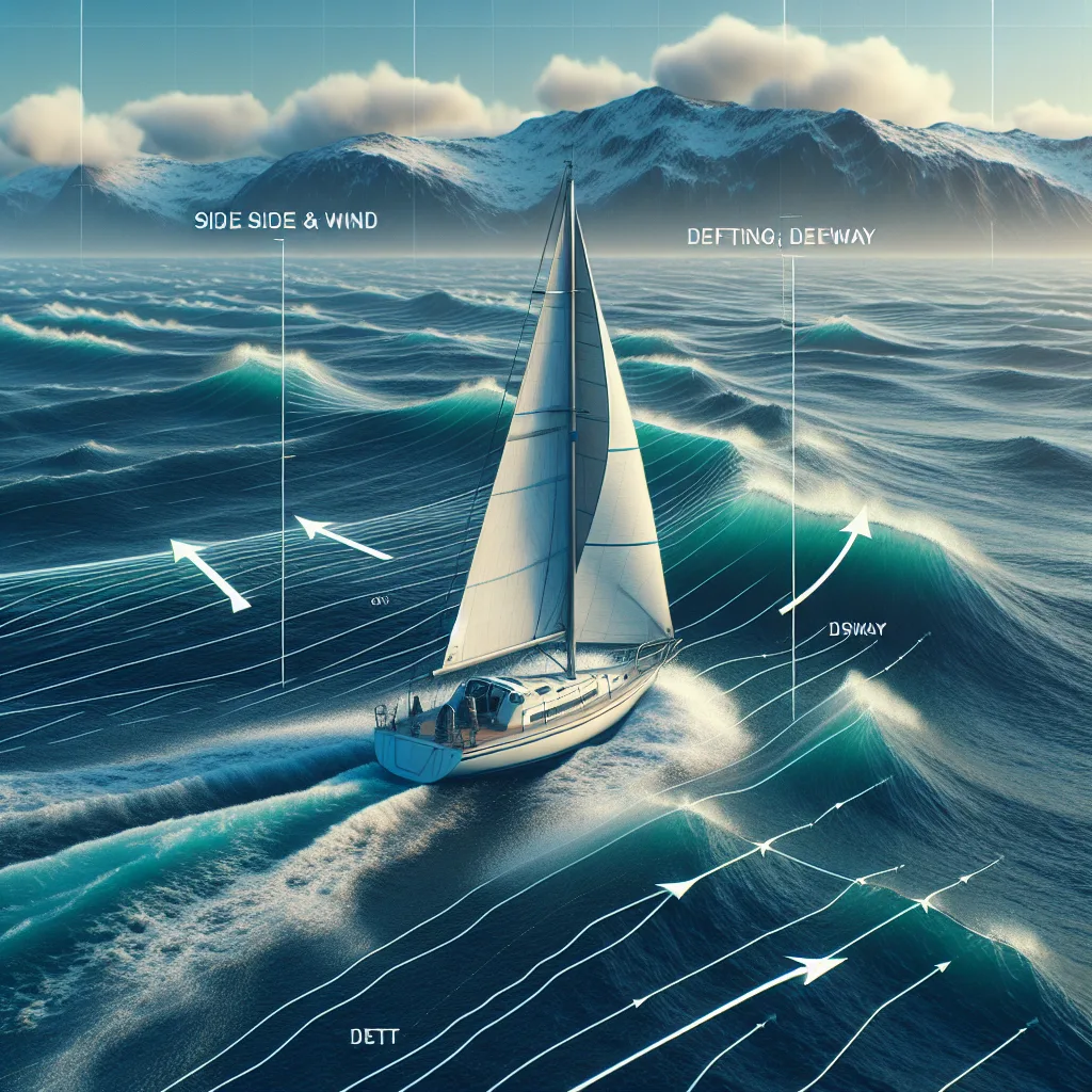A hyper-realistic marine navigation scene showing a sailboat on open water with visible arrows indicating wind direction causing leeway (side drift) and ocean current with set and drift vectors overlayed. The sailboat is navigating near a coastal area with detailed ocean surface and weather conditions visible, emphasizing technical marine navigation concepts.