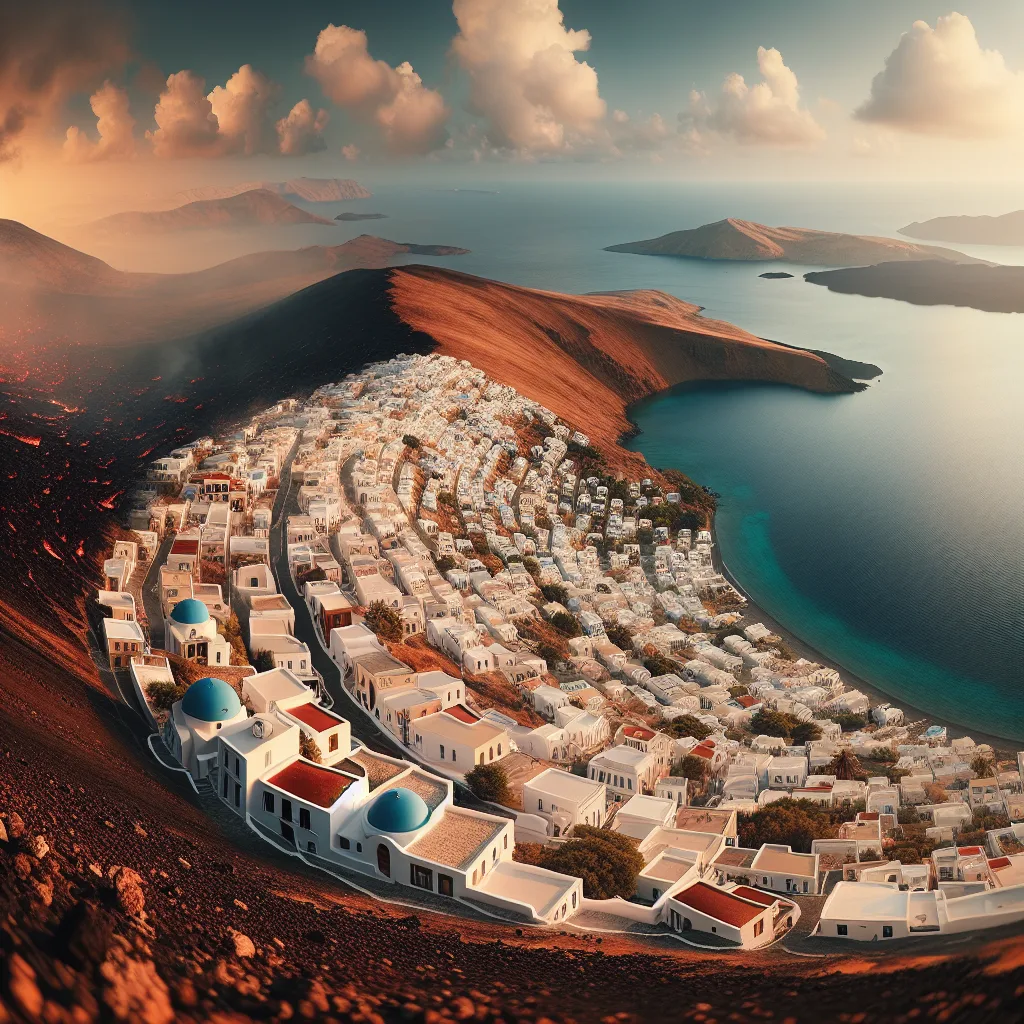 Νίσυρος, ελληνικό ηφαιστειακό νησί με γραφικά χωριά και παραλίες. Πανοραμικό τοπίο από ψηλά, απέραντο γαλάζιο το Αιγαίο, λευκά παραδοσιακά σπίτια και κόκκινα κεραμίδια. Τραβηγμένο κατά τη διάρκεια της χρυσής ώρας, υπερ-ρεαλιστικό, κινηματογραφικό ύφος, εξαιρετικά λεπτομερές, με έντονη αντίθεση μεταξύ της πυρακτωμένης γης της καλδέρας και των γαλαζοπράσινων νερών των παραλιών.