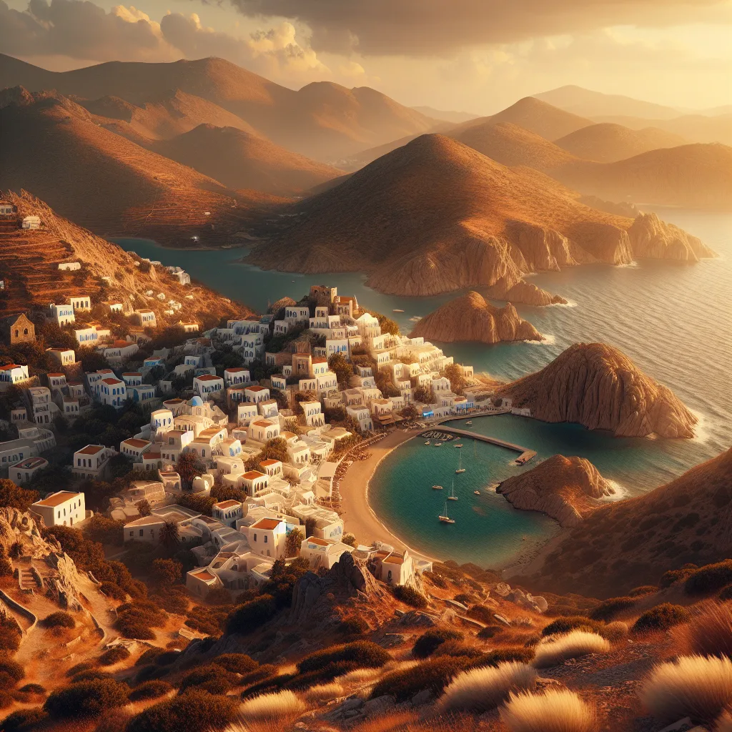 A hyper-realistic, cinematic, ultra-detailed image of Patmos island featuring its medieval village perched on cliffs overlooking the Aegean Sea, golden hour lighting illuminating whitewashed houses with terracotta roofs, secluded sandy coves with turquoise waters, and natural hiking trails winding through rocky hills dotted with sparse vegetation.