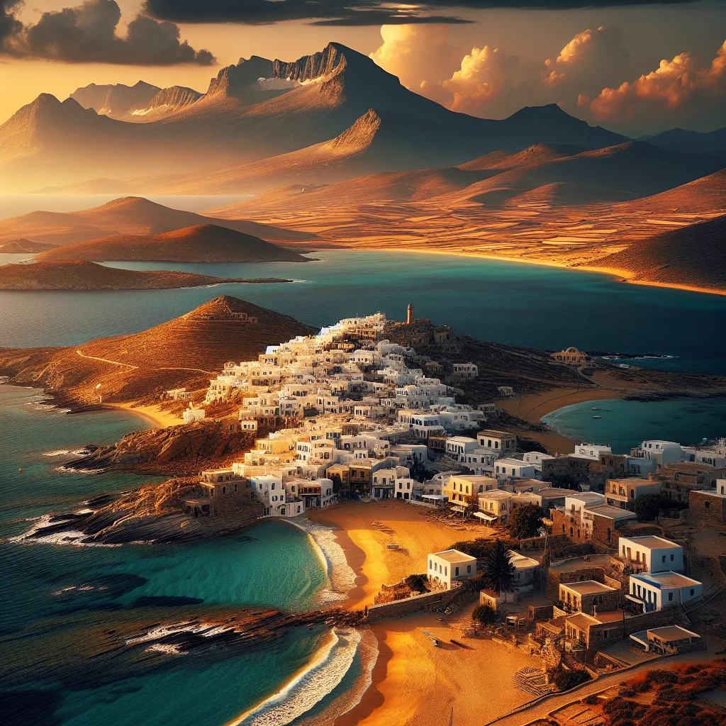 Νάξος, Κυκλάδες, με εντυπωσιακή θέα στα λευκά παραδοσιακά χωριά και το ψηλό όρος Ζάρακας στο βάθος. Τοπία με χρυσαφένιες αμμουδιές στην Πλάκα και κρυστάλλινα γαλάζια νερά. Χρυσή ώρα καλοκαιρινού φωτός που αναδεικνύει τη δομή των πετρόχτιστων κτισμάτων και την απαράμιλλη φυσική ομορφιά. Υπερ-ρεαλιστικό, κινηματογραφικό, εξαιρετικά αναλυτικό τεχνητό τοπίο.