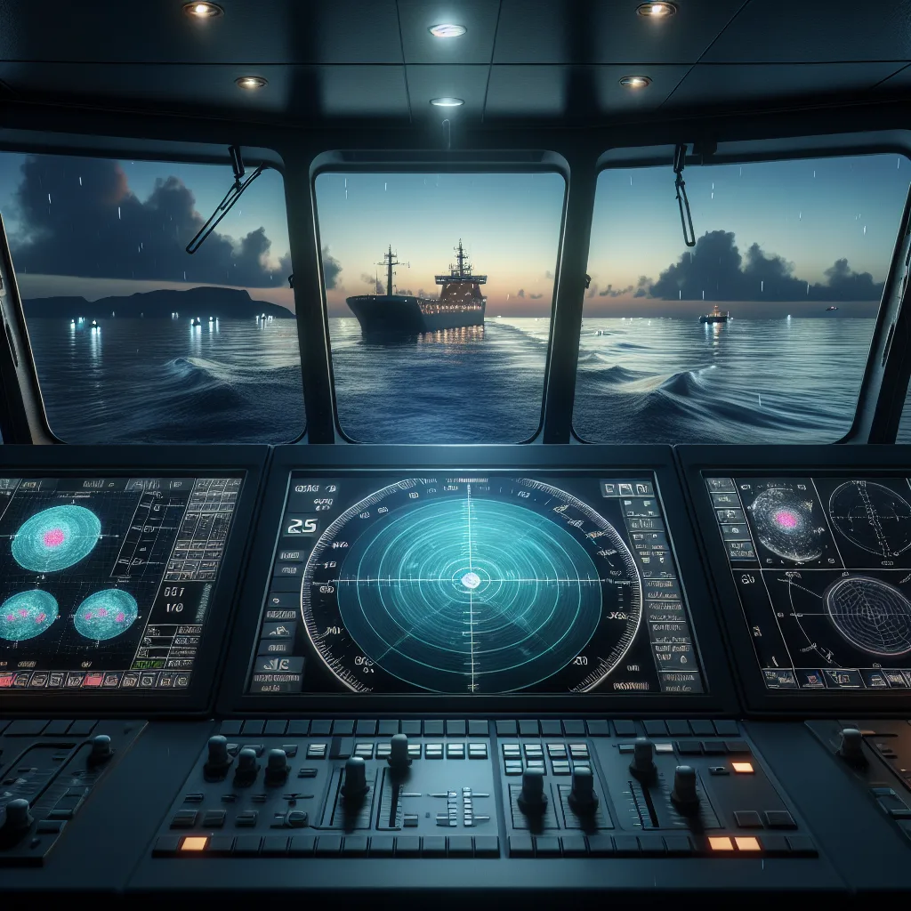 A hyper-realistic maritime bridge scene at dusk, focusing on a modern ship's radar display console with vivid graphics showing optimized gain and clutter filtering adjustments. Outside the window, a calm sea surface with subtle waves, light rain falling, and distant vessel echoes on radar screen, emphasizing technical clarity and real-time navigation safety operations.