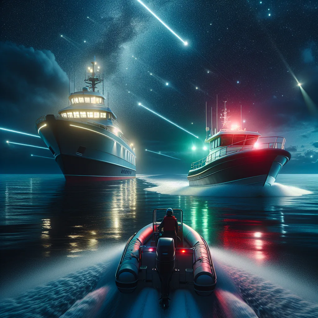 Hyper-realistic nighttime maritime scene featuring a motorboat approaching another vessel under starry skies, with clear glowing red (port side) and green (starboard side) navigation lights illuminating the hulls, reflective water surface showing light trails, with a calm sea and faint distant lighthouse beams, capturing the essence of night navigation and maritime safety.