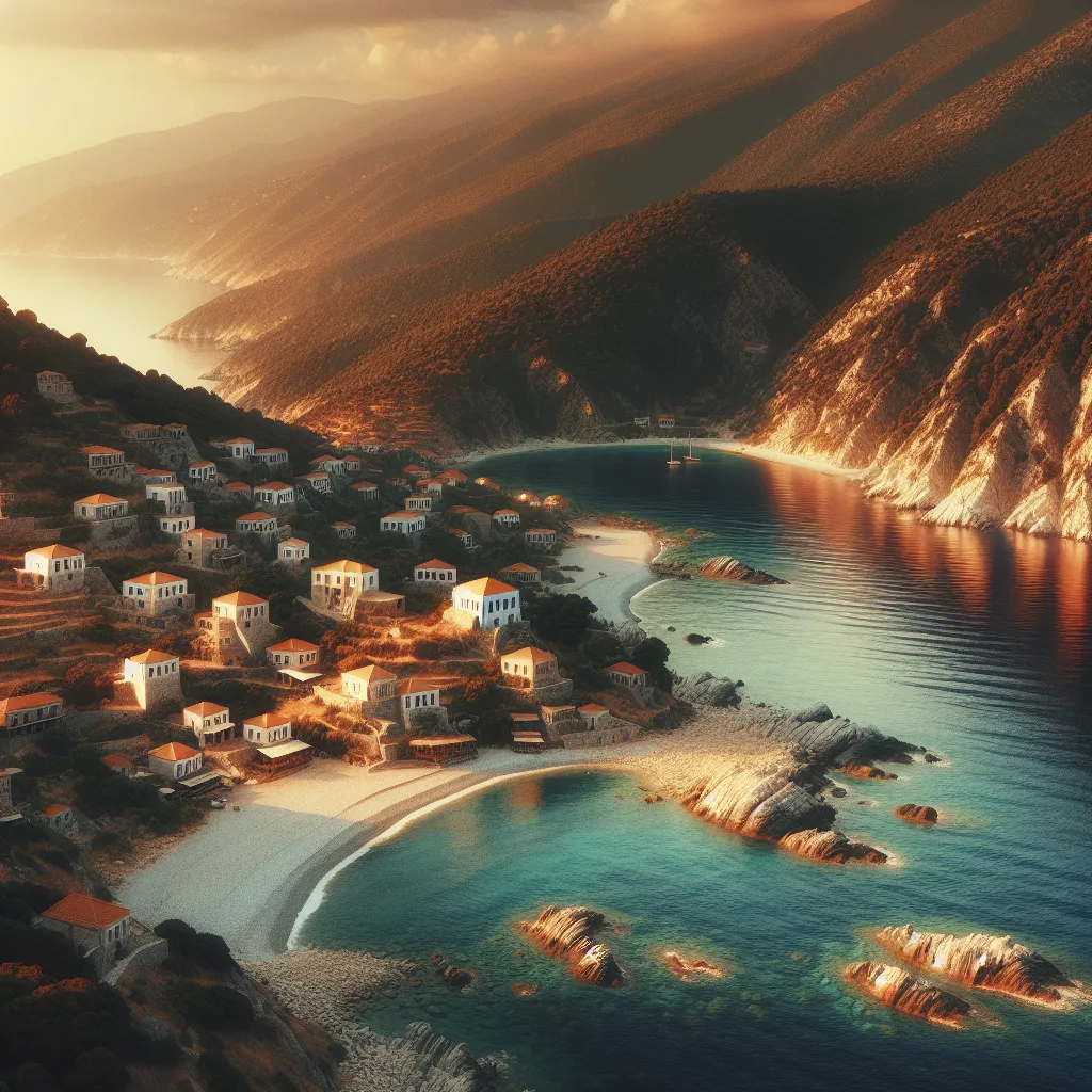 Ikaria island, rugged coastline with steep cliffs and secluded pebble beaches, Mediterranean forested hillsides dotted with traditional whitewashed villages with terracotta roofs, golden hour sunlight casting warm hues over the Aegean sea, cinematic ultra-detailed hyper-realistic style capturing the island’s raw natural beauty and authentic atmosphere