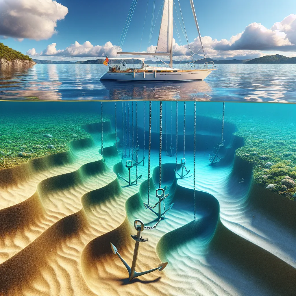 A hyper-realistic nautical scene depicting a sailboat anchored in a pristine bay with crystal clear waters, showing the seabed beneath divided into three sections: sandy, muddy, and rocky substrates. The anchor is depicted in detail in each substrate type, with chains stretching tautly and the boat gently swaying. The sky is partly cloudy with calm seas, emphasizing a peaceful anchorage. Detailed underwater perspective highlights how different anchors interact with their respective bottoms under natural sunlight filtering through the water.