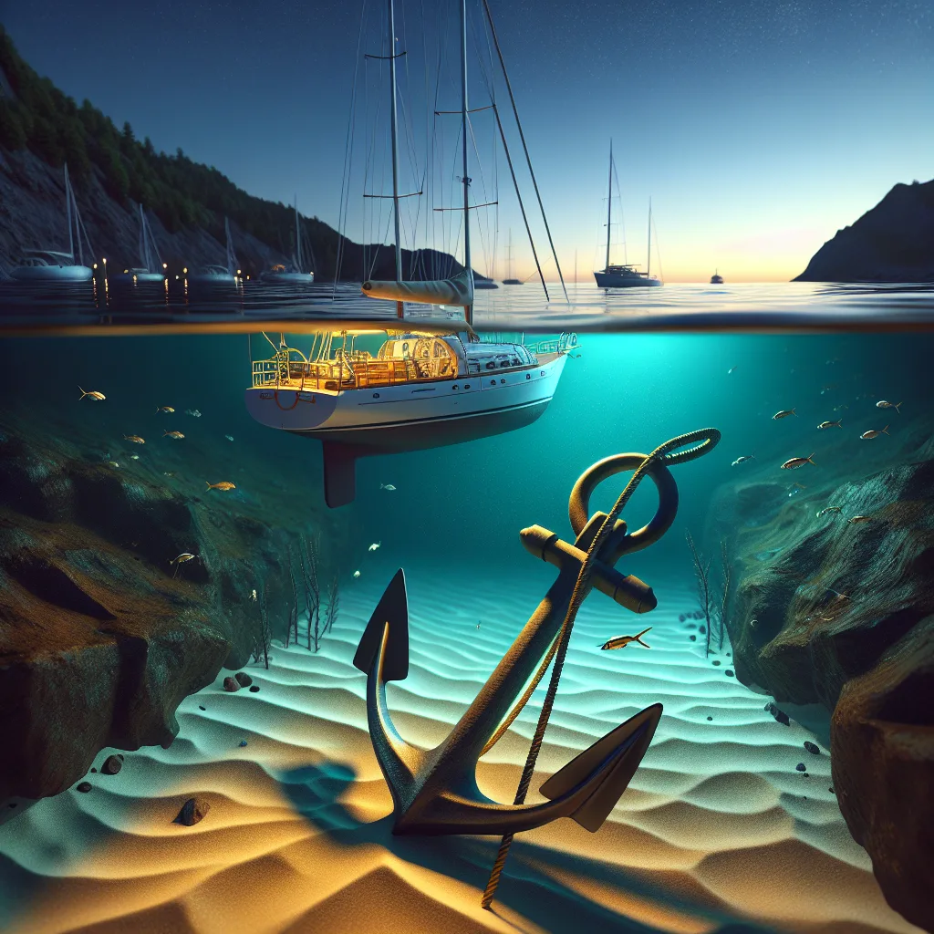 Hyper-realistic image of a sailboat safely anchored in a shallow bay, showing three different seabed types beneath: golden sand with clear anchor embedment, soft muddy bottom with anchor partially buried, and jagged rocky seabed with a grapnel anchor caught in a crevice; calm waters reflecting soft sunset light, detailed underwater view, maritime nautical instruments visible on deck, serene and educational atmosphere