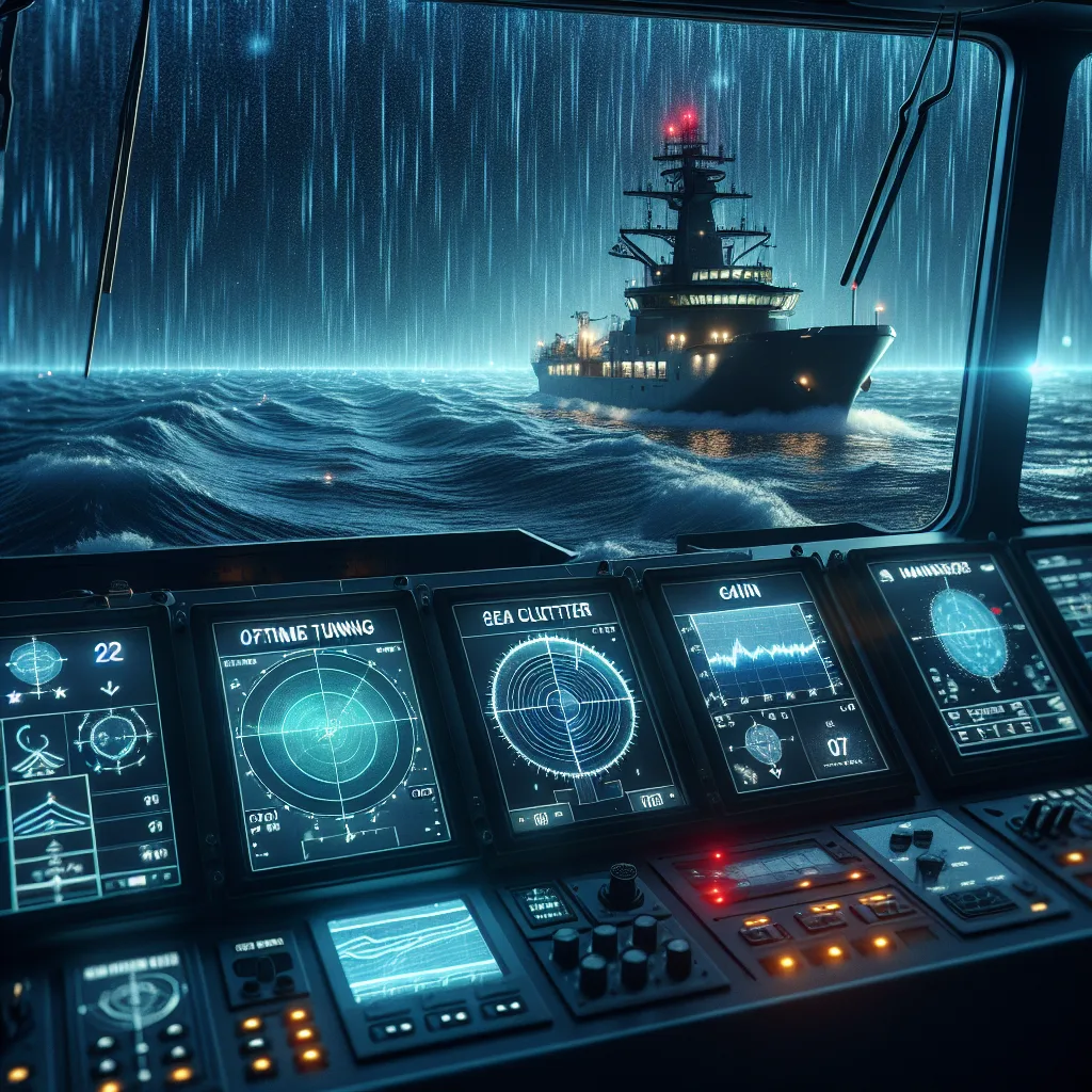 Hyper-realistic maritime scene featuring a modern ship's bridge at night, illuminated radar display showing optimized gain and tuning settings, with clear radar echoes from nearby vessels against a dark sea, while subtle rain streaks and sea waves are visible through the windshield, emphasizing the challenges of sea clutter and rain clutter on radar operations.