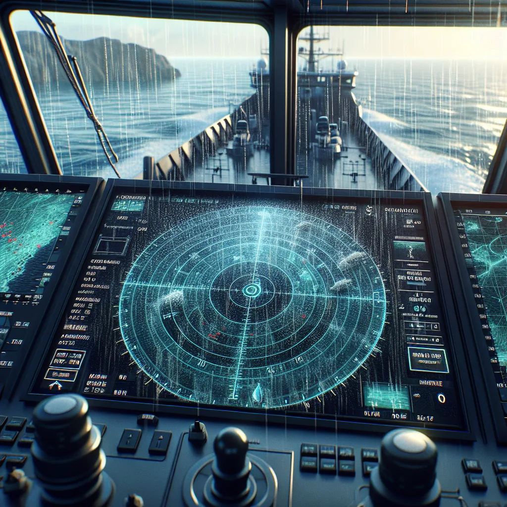 Hyper-realistic marine bridge scene showing a modern radar display with optimized tuning: the screen clearly distinguishes various targets amidst varying sea conditions, with a visible sea clutter filter active. The vessel is navigating near a coastline under moderate rain, demonstrating clear raindrop reflections on the radar. The bridge is illuminated by natural daylight, with visible nautical charts and radar controls highlighting technical precision in maritime navigation.