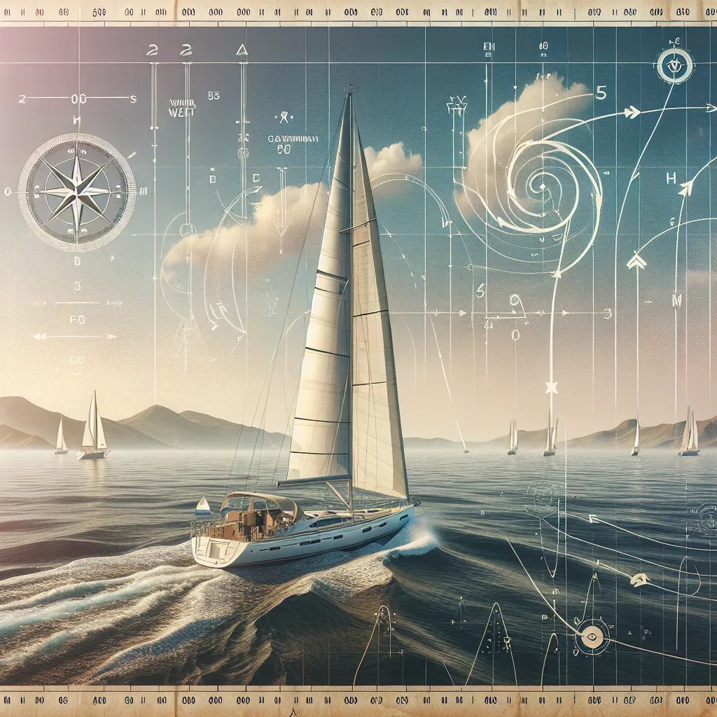 Hyper-realistic image of a marine navigation scene showing a modern sailing yacht on open water with directional arrows illustrating wind leeway and ocean current set and drift. The background features a detailed paper chart with plotted course lines and symbols, a compass rose overlay, and graphical wind and current vectors. The sky is clear with subtle clouds, evoking focused nautical planning under calm weather conditions.