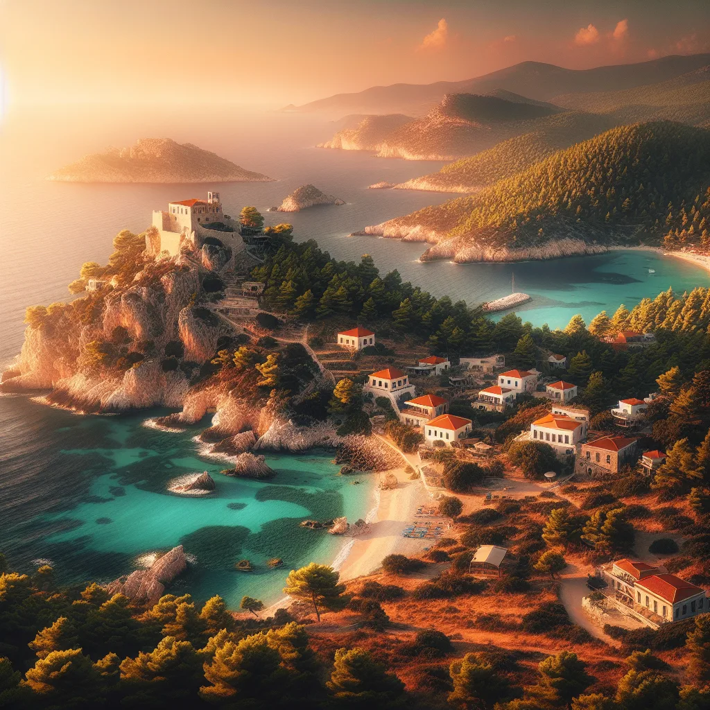A hyper-realistic cinematic ultra-detailed depiction of Skyros island during golden hour, showcasing rugged cliffs, lush green hills, sandy beaches and hidden coves. Featuring traditional villages with red-roofed houses scattered across hilltops, a medieval castle overlooking the Aegean Sea, and crystal-clear blue waters bordered by pine forests. The scene captures the essence of a serene and authentic Greek island landscape with warm, glowing sunlight casting long shadows and highlighting textures of stone, foliage and water.