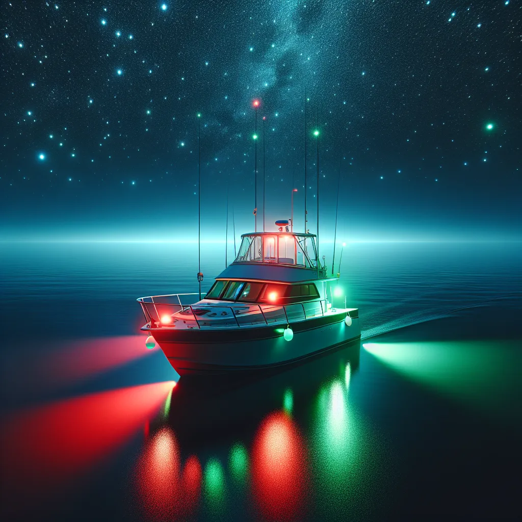 A hyper-realistic night maritime scene showing a motorboat navigating through calm waters with vivid red and green navigation lights glowing brightly on its port and starboard sides, under a clear starry sky with reflections on the water, highlighting the importance of proper night navigation lighting for safe passage.