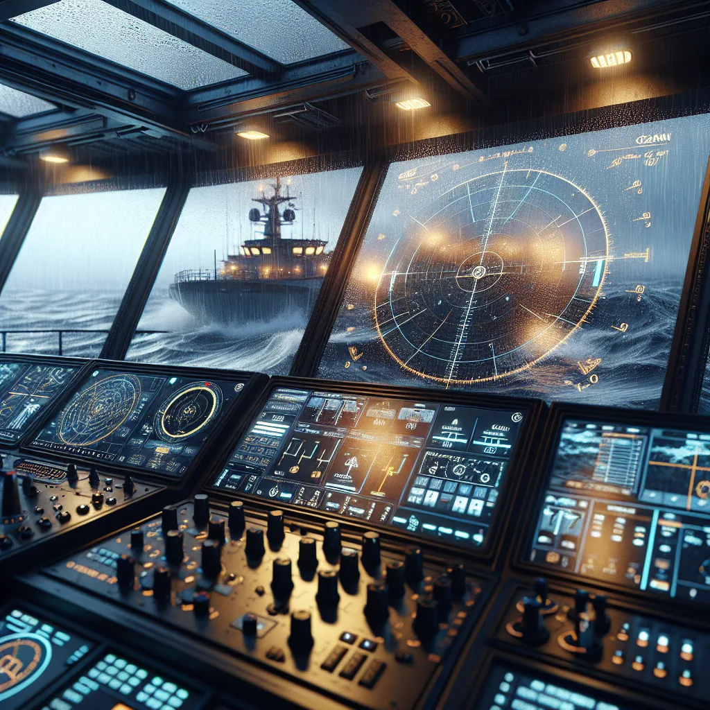 Hyper-realistic maritime bridge scene showing a modern navigation radar display with adjustable range rings, gain control sliders, and clutter suppression settings visible on screen. The 3D radar image depicts a coastal environment with sea waves and rain shower on the radar screen, illustrating sea and rain clutter effects. The ship's bridge has realistic instruments and LED screens, with helm and compass visible. The scene captures rainy overcast weather outside through panoramic windows, with detailed rain droplets and turbulent sea conditions under moody lighting.