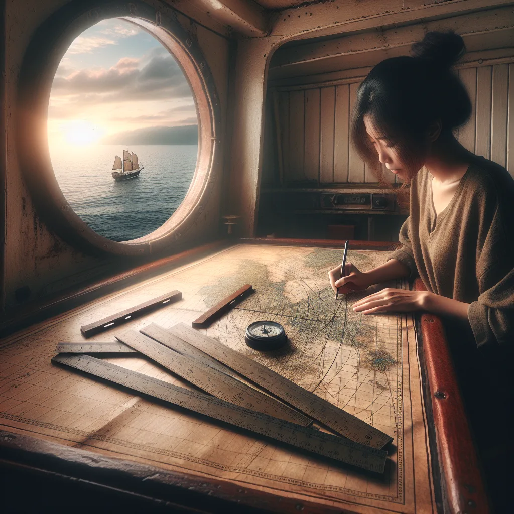 A hyper-realistic image of a traditional nautical navigation setting showing a detailed sea chart spread over a wooden navigation table, with parallel rulers and a compass placed on the chart. Hands of a sailor are seen plotting a course line on the chart under warm ambient lighting. In the background, a blurred view through a ship window reveals a calm sea and a distant coastline under a clear blue sky.