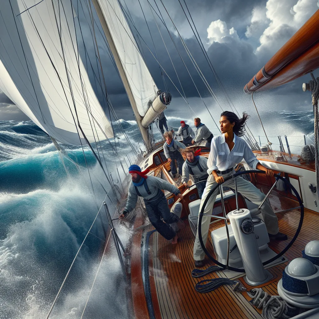 Hyper-realistic image of a sailing yacht navigating in strong crosswinds on choppy seas, with the crew actively adjusting sails and steering wheel, visible wind gusts causing spray and waves, dramatic cloudy sky indicating challenging weather, detailed rigging and sails taut against the wind, vibrant water reflections, and a focused captain maintaining control, embodying real-time dynamic maritime navigation under windy conditions.