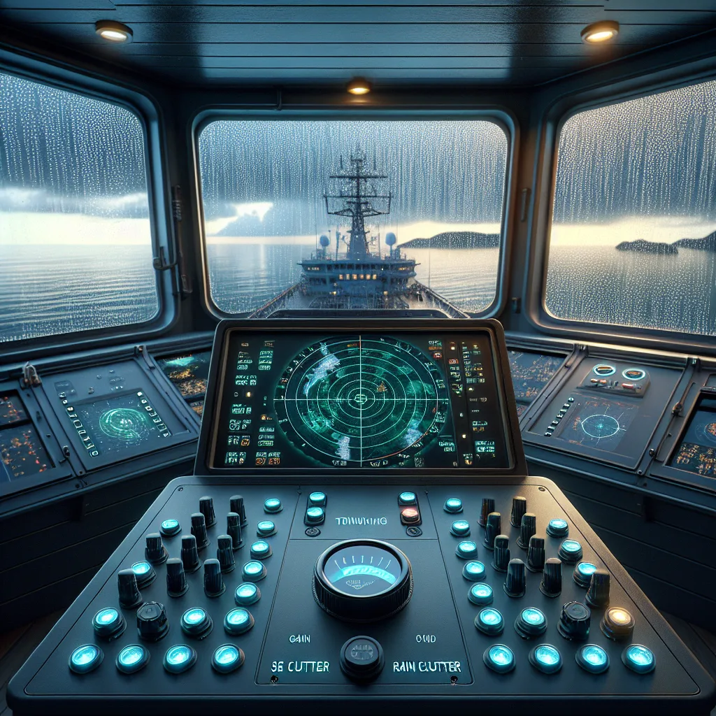 Highly detailed hyper-realistic maritime scene showing a ship's radar station on the bridge, with a clear view of the radar screen displaying sea clutter patterns near the ship's range rings. Outside the bridge windows, a calm sea is visible under overcast skies, with light rain causing rain clutter effects on the radar. The scene captures the technical complexity of radar tuning with illuminated radar control knobs labeled 'gain', 'sea clutter', and 'rain clutter' alongside vessel navigation instruments.