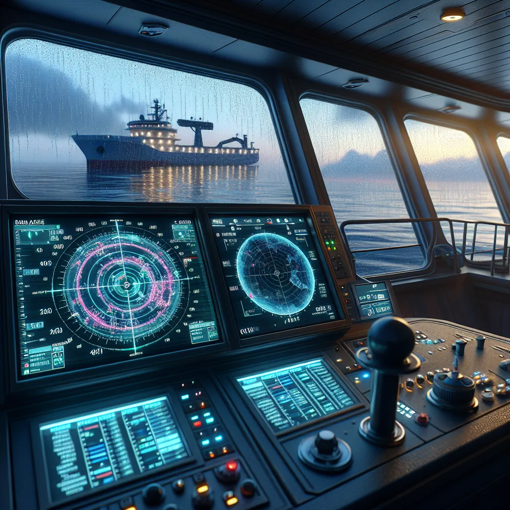 A hyper-realistic maritime bridge scene showing a radar console displaying a clear radar screen with optimal gain settings, visible sea clutter suppression effects, and rain clutter filtering active. The outside view shows a calm sea with minimal wave reflections near the vessel, a light rainstorm in the distance, and a modern ship wheel and navigation instruments illuminated under twilight conditions.