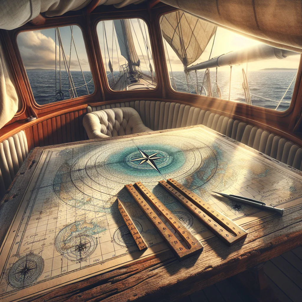 Hyper-realistic image of a nautical chart spread open on a wooden table aboard a sailboat, with a pair of parallel rulers carefully aligned over a marked course line. Sunlight illuminates the scene, highlighting compass roses and depth contours on the chart. In the background, the sea and sails are visible through a window, creating a serene maritime atmosphere.