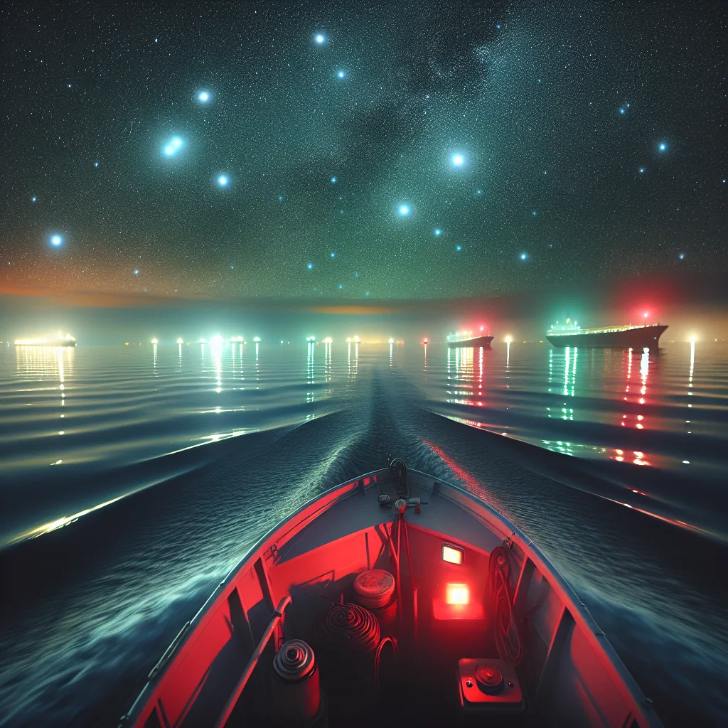 A hyper-realistic nighttime maritime scene depicting a small motorboat navigating calm waters illuminated by red and green navigation lights, distant ships visible with their lights on, a starry sky and a faint moonlight glow reflecting off the water, with detailed textures showing navigation instruments softly glowing inside the boat cabin.