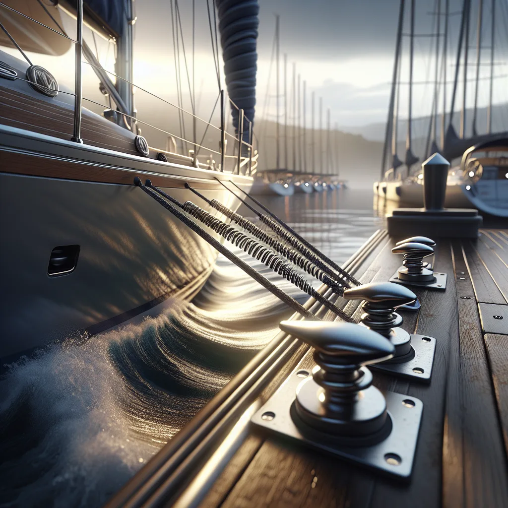 A hyper-realistic, detailed close-up illustration of a sailboat docked at a marina showing clearly the use of elastic spring lines tied diagonally from the boat cleats to the dock bollards, with the hull gently moving with waves, under soft sunset lighting. The scene captures ropes tension, water reflections, the textured surface of the dock, and subtle movement in the water to illustrate surge control techniques.